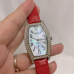 Quartz Geneva Watch in Mother of Pearl, Crystal with Red Leather Bad